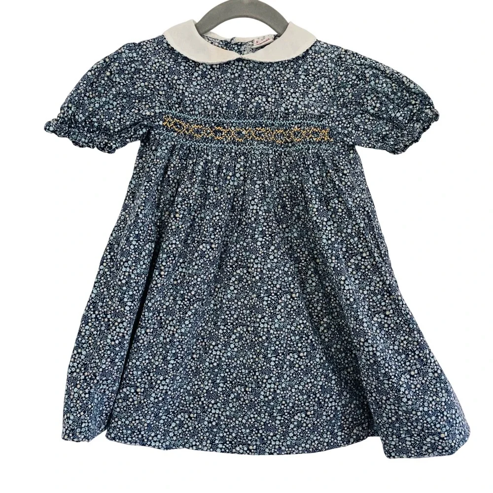 Vtg The Smockery Smocked Dress Blue Floral Embroidery Peter Pan Collar‎ Girls 4